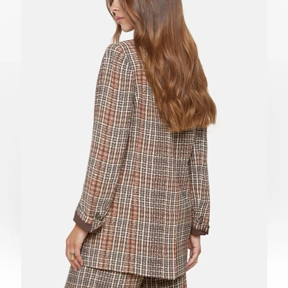 L'Agence Jayda Brown Tweed Print Lightweight Crepe Oversized Blazer Jacket NWT
